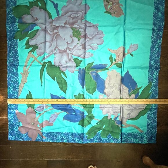 NEW Thai Turquoise Silk Scarf - Floral. 33" x 34.5" - Picture 5 of 6